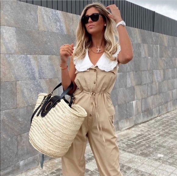 ZARA Poplin Cargo Overall Jumpsuit Tan Color Size Medium - Picture 5 of 13